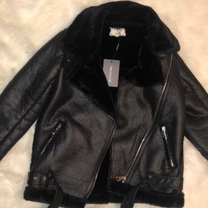 Faux Fur Aviator Faux Leather Jacket